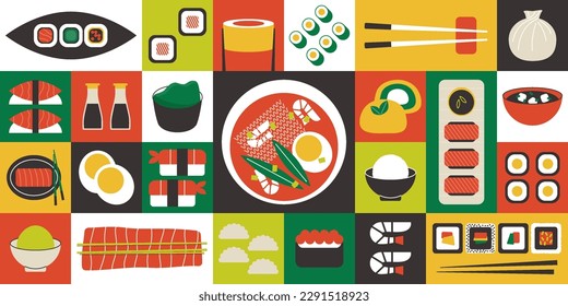 Asian food geometric banner. Minimal japanese chinese seafood background sushi shrimp sashimi salmon soup. Vector design