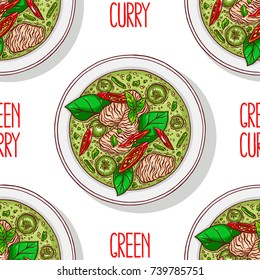 Asian food. Green curry. seamless background of appetizing traditional Thai soup with chicken. Hand-drawn illustration