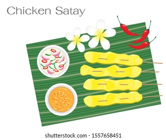 Asian food. Grilled pork/chicken satay in Thai style served on banana leaf, eat with satay sauce and sweet sauce with cucumber and red chili. Isolated in white background.Top view.Vector Illustration.