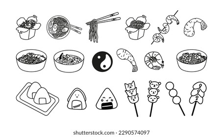 Asian food, hand drawn doodle onigiri, shrimp, dango, pho bo soup, pad thai, tom yum, udon noodles