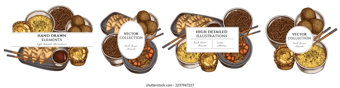 Plantillas de marco dibujadas a mano por comida asiática. Ilustraciones vintage de jiaozi, jian dui, tarta de huevo, fideos con gambas, sopa de huevo, tazón de fideos.