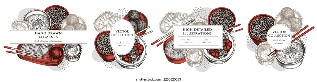 Asian food hand drawn frame templates. Vintage illustrations of jiaozi, jian dui, egg tart, noodles with shrimp, egg soup, noodles bowl.