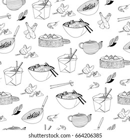 Asian food. Hand drawn graphic vector seamless pattern