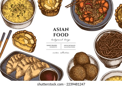 Diseño ilustrativo de comida asiática. Antecedentes con retro jiaozi, jian dui, tarta de huevo, fideos con gambas, sopa de huevo, tazón de fideos.