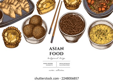 Asiatische Küche handgezeichnet Illustration Design. Hintergrund mit Retro-Dschiaozi, Jian-Duo, Eierzart, Nudeln mit Garnelen, Eiersuppe, Nudelschüssel.