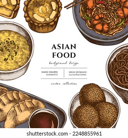 Asiatische Küche handgezeichnet Illustration Design. Hintergrund mit Retro-Dschiaozi, Jian-Duo, Eierzart, Nudeln mit Garnelen, Eiersuppe, Nudelschüssel.