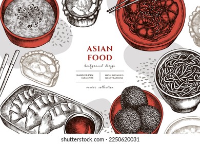 Asiatische Küche handgezeichnet Illustration Design. Hintergrund mit Vintage jiaozi, Jian dui, Eierzart, Nudeln mit Garnelen, Eiersuppe, Nudelschüssel.