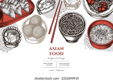 Diseño ilustrativo de comida asiática. Fondo con jiaozi vintage, jian dui, tarta de huevo, fideos con camarón, sopa de huevo, tazón de fideos.