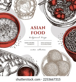 Asiatische Küche handgezeichnet Illustration Design. Hintergrund mit Vintage jiaozi, Jian dui, Eierzart, Nudeln mit Garnelen, Eiersuppe, Nudelschüssel.