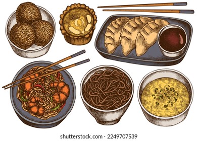 Asiatische Kollektion von handgezeichneten Vektorgrafiken mit Lebensmitteln. Farbige Jiaozi, Jidui, Eierzart, Nudeln mit Garnelen, Eiersuppe, Nudelschüssel.