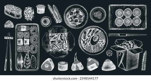 Asian food hand-drawn vector illustrations on chalkboard background. Japanese cuisine menu design elements. NOT AI generated