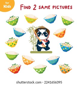 Asian food. Help the panda find 2 identical bowls of rice. Mini game for kids, chinese food