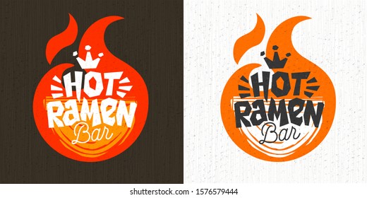 Asian food hot ramen logo, Noddle plate, hot, bar, fire, lettering, splash, textured background logotype design. Hand drawn vector illustration