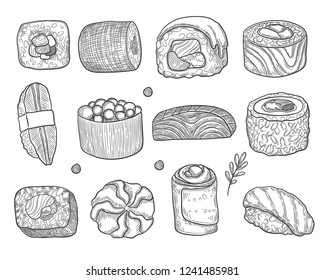 Asian Food Icon Set. Sushi. Sketch style. Vector hand drawn illustration for your design.