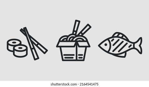 Asian food icons. Chopsticks, sushi roll, box of noodles and cooked fish icons isolated on grey background. Icons for web design, app interface. Vector illustration