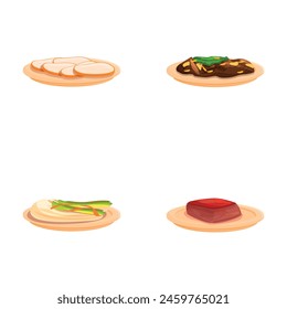 Asian food icons set cartoon vector. Classic spicy korean cuisine. Asian meal