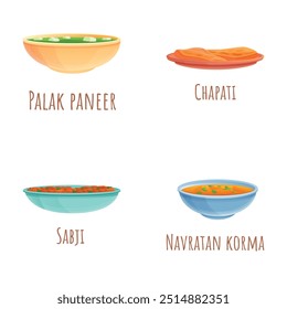 Asian food icons set cartoon vector. Traditional indian dish. Indian cuisine