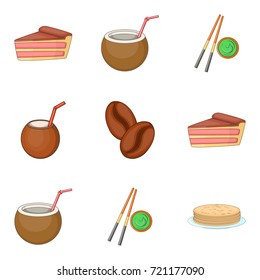 Asian food icons set. Cartoon set of 9 asian food vector icons for web isolated on white background
