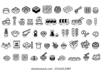Asian food icons set in line art style. Vector illustration