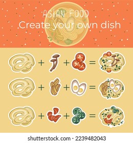 Asian food illustration. Create your own dish. Udon or ramen soup with different ingredients. Suitable for restaurant menus, banners, logos, and fast food advertisements.