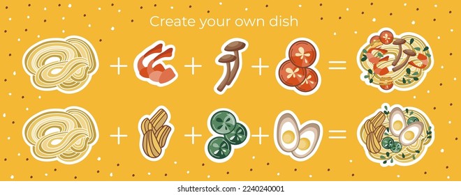 Asian food illustration. Create your own dish. Udon or ramen soup with different ingredients. Suitable for restaurant menus, banners, logos, and fast food advertisements.