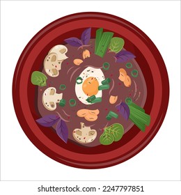Asian food isolated. Ramen soup closeup. Oriental dish with egg, pepper chilli, onion, mushrooms. Vector flat illustration for restaurant dishes, menu, delivery, cooking concept 