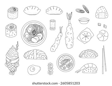Asian food. Japanese and Chinese dishes: ramen, sushi, onigiri, traditional dishes. Hand drawn, doodle style. Drawing without colour. Vector