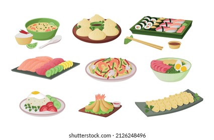 Asian food. Japanese and Chinese noodles rice and in bowls, spicy meal. Vector rolls with chopsticks set