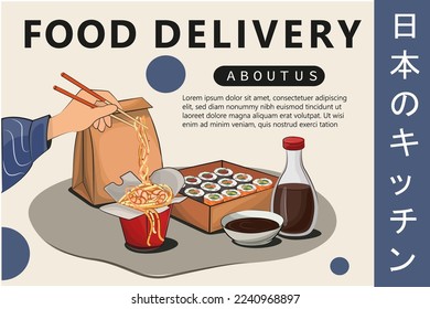 Asian food, Japanese food. for delivery sites, sushi rolls onigiri soy sauce, ramen, wok, noodles