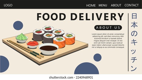 Asian food, Japanese food. for delivery sites, sushi rolls onigiri soy sauce, ramen, wok, noodles