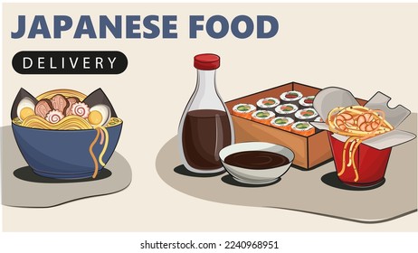 Asian food, Japanese food. for delivery sites, sushi rolls onigiri soy sauce, ramen, wok, noodles