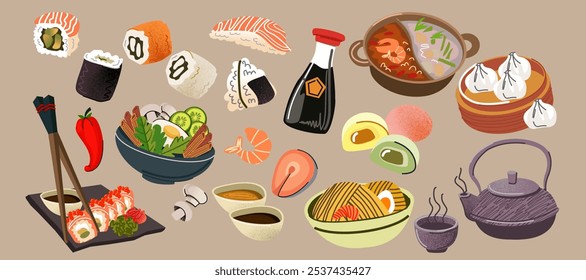 Comida asiática. Sopa de râmen japonesa. Galinha. Onigiri de arroz. Sushi de salmão. Macarrão de trabalho. Pratos de refeição. Porco picante com molho teriyaki. Xícara de chá. Cardápio de cozinha de rua. Conjunto de frutos do mar de doodle de desenhos animados vetoriais