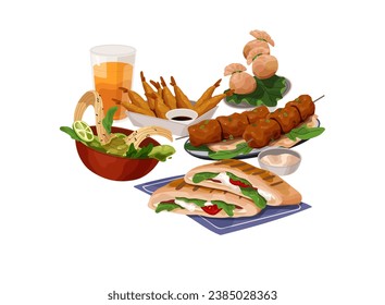 Asian food. Japanese soup with lime, tom yam, dim sum, yakitori, tempura shrimps, vegetable pita. Chinese eating with noodle, meat in bowl. Flat isolated vector illustration on white background.