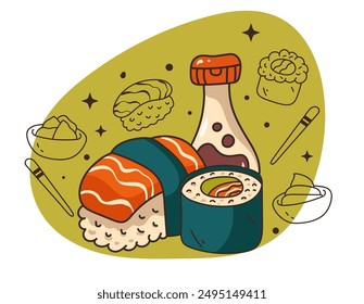 Asian food line art composition isolated concept. Vector flat graphic design cartoon illustration