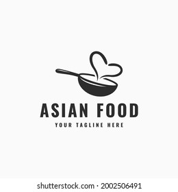 Asian Food Logo Design with Rustic Wok Icon Silhouette and Heart Shape Smoke Symbol Combination