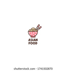 Asian food logo. A pink bowl with noodles and chopsticks. Traditional Asian or Japanese meal with noodles. Colorful vector illustration.