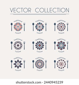 Asian food logo templates set. Vector ethnic ornamental design for restaurants and cafes. Emblems with plate, spoon and fork