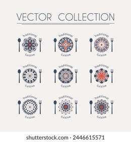 Asian food logo templates set. Vector ethnic ornamental design for restaurants and cafes. Emblems with plate, spoon and fork