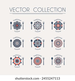 Asian food logo templates set. Vector ethnic ornamental design for restaurants and cafes. Emblems with plate, spoon and fork