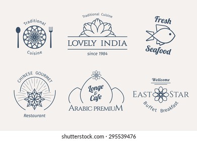 Asian food logo templates set. Vector ethnic ornamental design for restaurants and cafes.