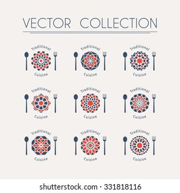 Asian food logo templates set. Vector ethnic ornamental design for restaurants and cafes.
