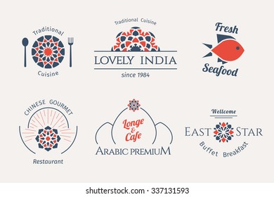 Asian food logo templates set. Vector ethnic ornamental design for restaurants and cafes.