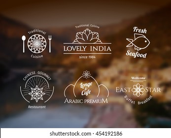 Asian food logo templates set. Vector ethnic ornamental design for restaurants and cafes.