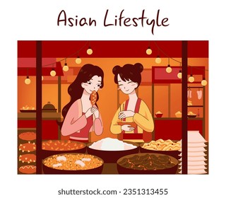 Asian food market. Traditional fest activity. Characters eating at fast food counter. Friends relaxing at traditional Izakaya. Flat vector illustration