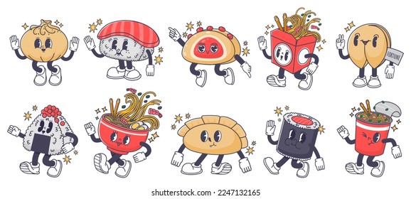 Asian food mascot. Japanese dish character sushi roll, rice onigiri and ramen. Takeaway wok box noodles, chinese gedza and fortune cookie vector set. Meal with kawaii smiling faces