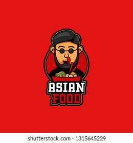 Asian food mascot logo fashioned character with beard and round eyeglasses in shopisticated cartoon fun style with bakso ramen in bowl illustration symbol