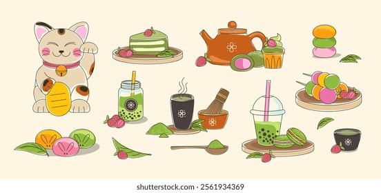 Asian food. Matcha drink and dessert. Green tea powder. Japanese Wagashi. Kawaii teapot and cupcake. Tapioca boba beverage. Glass bowl. Cup with mint. Maneki Neko. Mochi and dango. Vector sweets set