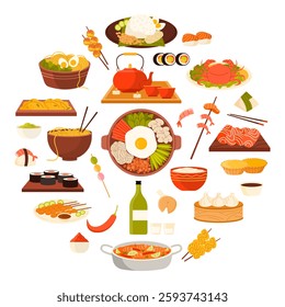 Asian food, meals of Japanese and Chinese, Thai and Korean, Malaysian cuisine in round infographic banner. Ramen and Tom Yam soup, sushi and dumplings, Hot Pot in circle cartoon vector illustration