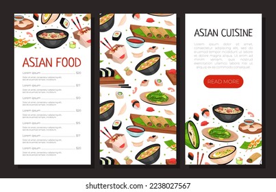 Asian Food Menu Design with Noodles, Soup Bowl and Sushi Vector Template