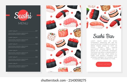 Asian food menu web banners set. Sushi bar, restaurant, cafe, delivery service mobile app vector illustration